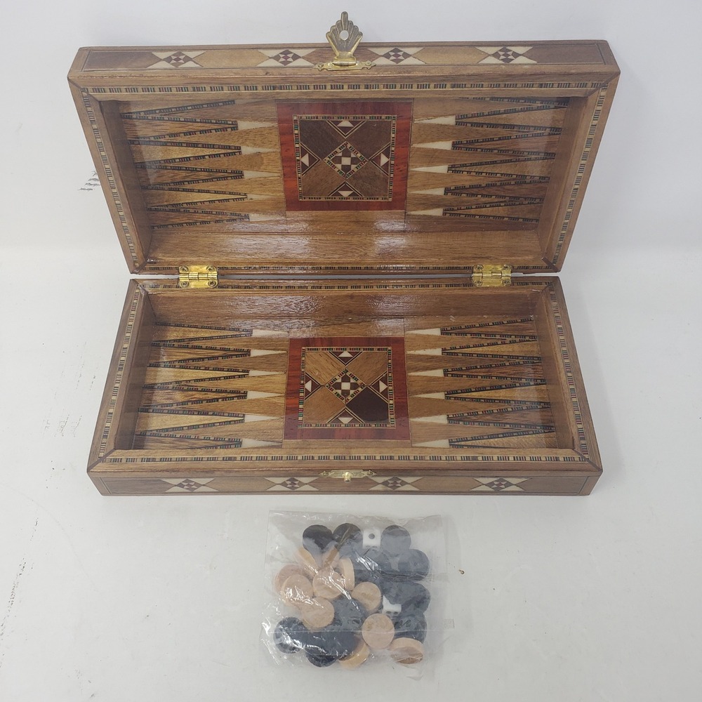 Vintage Handmade Wood Inlay 2-in-1 Checkers Backgammon Game Set Mosaic Marquetry